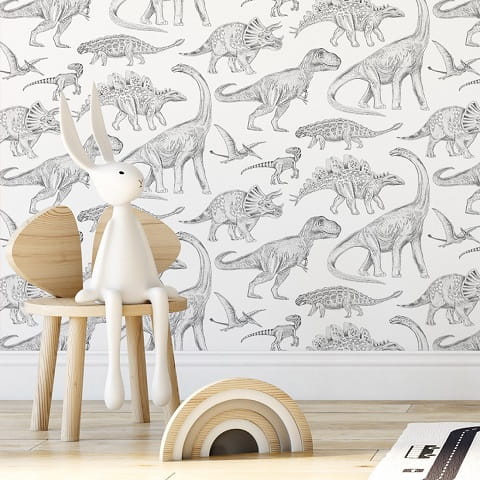Tapeta dziecięca Dino dinozaury white w brytach