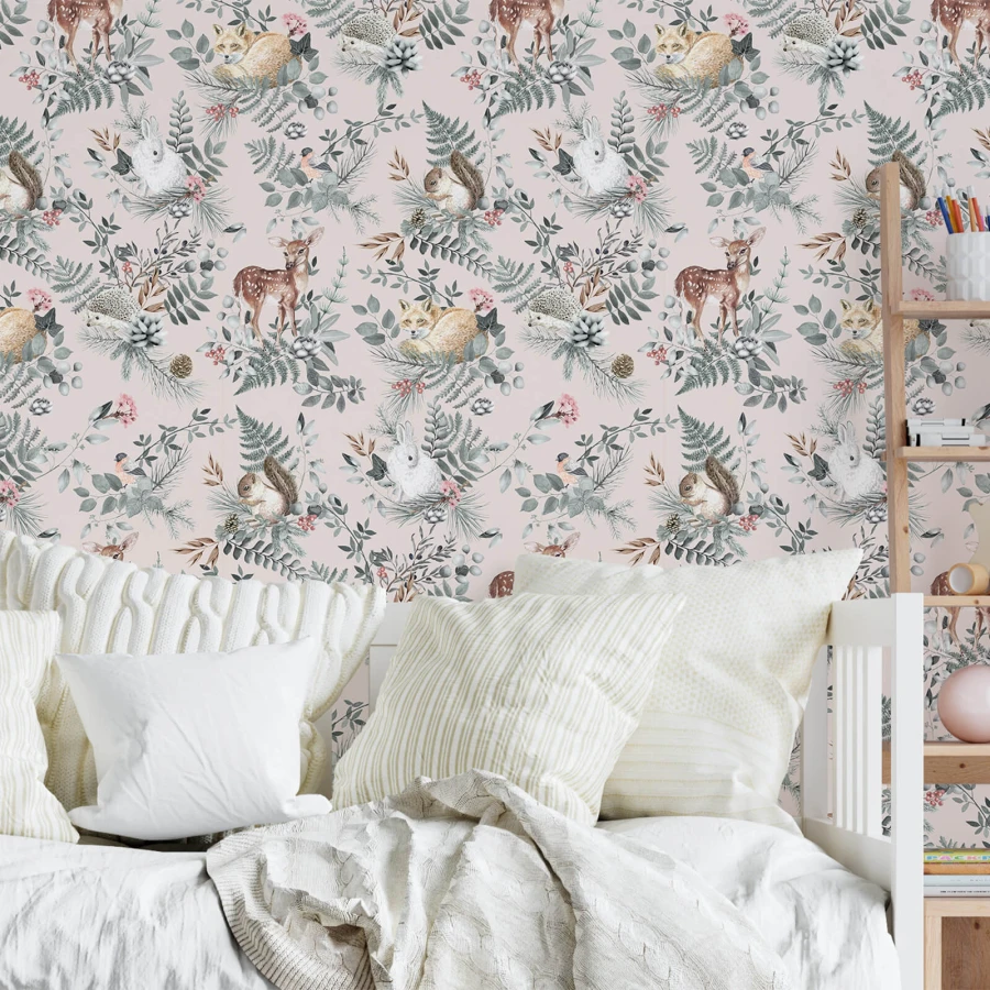 Tapeta dziecięca Woodland Pink różowa w brytach zwierzątka 3