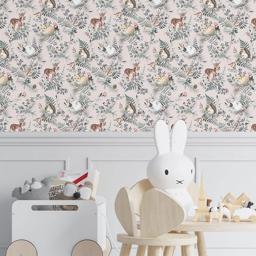 Tapeta dziecięca Woodland Pink różowa w brytach zwierzątka