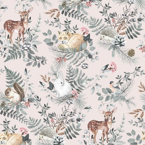 Tapeta dziecięca Woodland Pink różowa w brytach zwierzątka 1