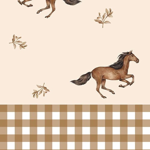 Tapeta dziecięca konie i kratka Horses and check brown 1