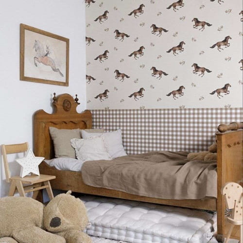 Tapeta dziecięca konie i kratka Horses and check brown 3