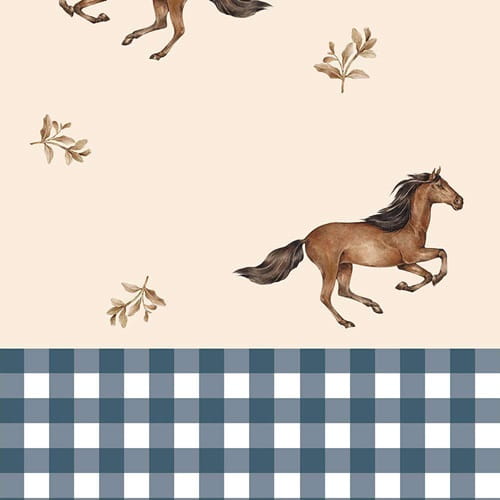 Tapeta dziecięca konie i kratka Horses and check blue