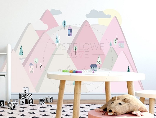Naklejka na ścianę - góry różowe 1