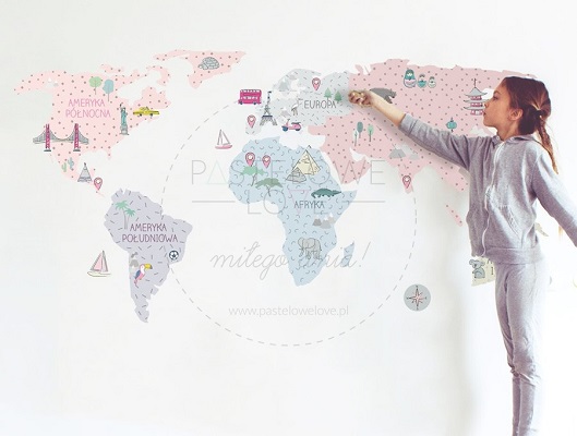 Naklejka na ścianę - mapa świata różowa 2